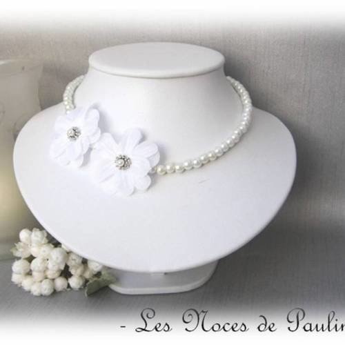 Collier mariage blanc nacré perles et fleurs aurore, collection tradition 