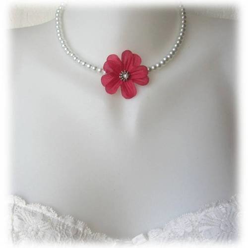 Collier mariage blanc et rose framboise à fleur aurore, collection tradition 