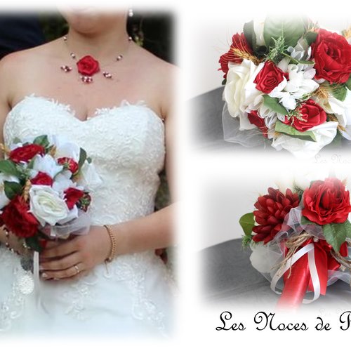 Bouquet de mariée blanc et rouge bordeaux à roses et blé eternel