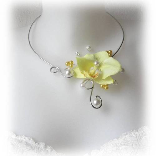 Collier jaune et blanc orchidée gm anaïs,  'les volutes' 