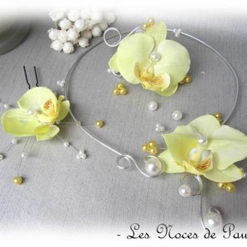 Parure mariage jaune orchidée gm anaïs, 9 pièces 