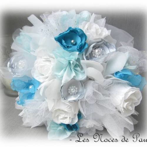 Bouquet de mariée blanc, turquoise et gris eternel 