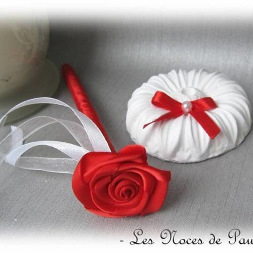 Porte stylo mariage blanc, rouge et gris à fleur rose 