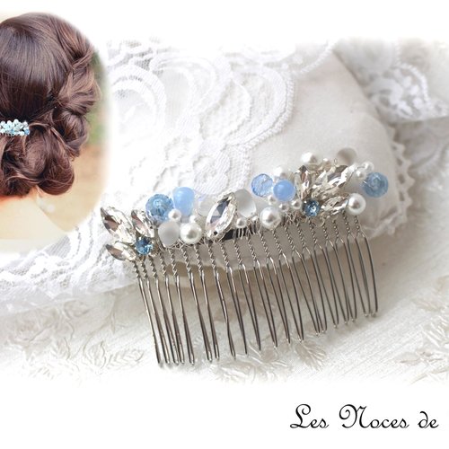 Peigne mariage à strass bleu poudré et perles margaux, bijou de cheveux mariée