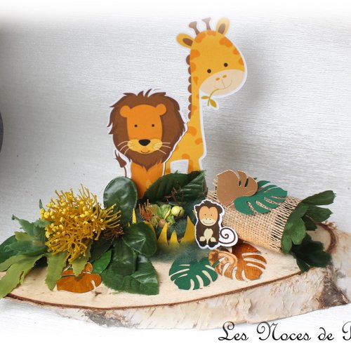 Centre de table jungle, safari pour baptême, anniversaire, thème animaux de la jungle, girafe et lion