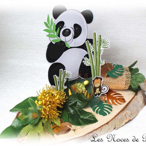 Centre de table panda baptême, anniversaire, thème animaux de la jungle