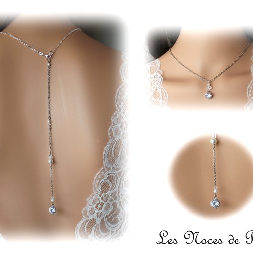 Collier bleu poudré margaux, collier de mariage, bijou de dos, strass et perles