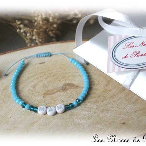 Bracelet personnalisé en cristal et lettres réglable, cadeau femme bleu turquoise
