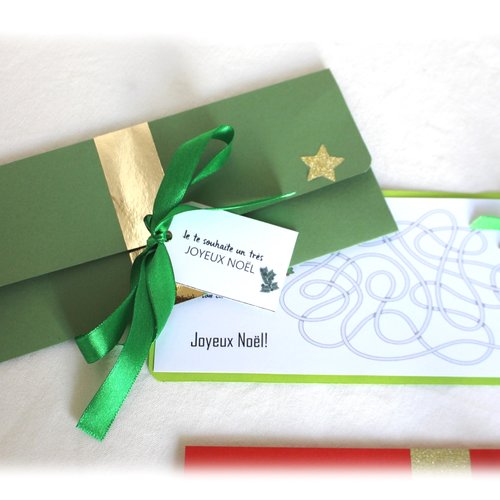 Pochette cadeau, enveloppe chèque, porte chèque, billet, carte cadeau fait main chic vert
