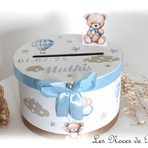 Urne de baptême ourson et montgolfière bleu et beige, baptême garçon