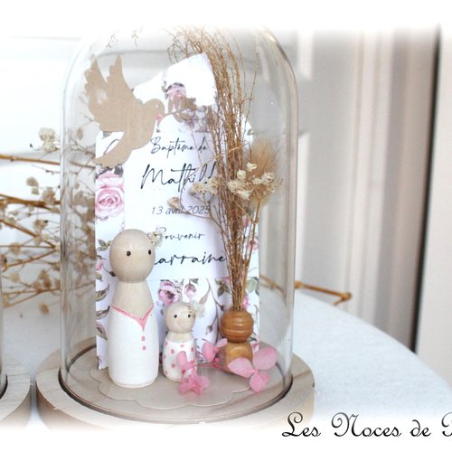 Cloche baptême en bois – cadeau unique parrain, marraine & plus - version liberty rose
