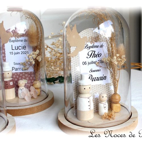 Cloche baptême en verre – cadeau unique parrain, marraine & plus - version etoiles beiges