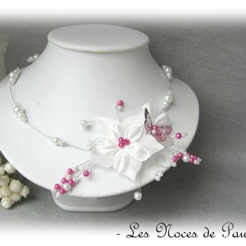 Collier mariage blanc et rose fuchsia fleur de satin et papillon katell