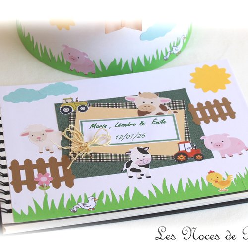 Livre d'or de baptême thème animaux de la ferme, cadeau baptême personnalisé