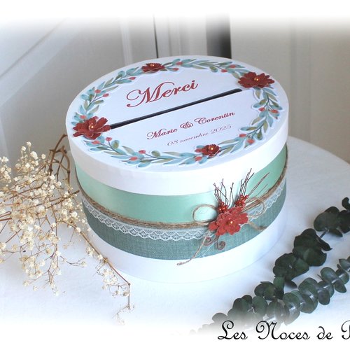 Urne de mariage vert et terracotta personnalisée