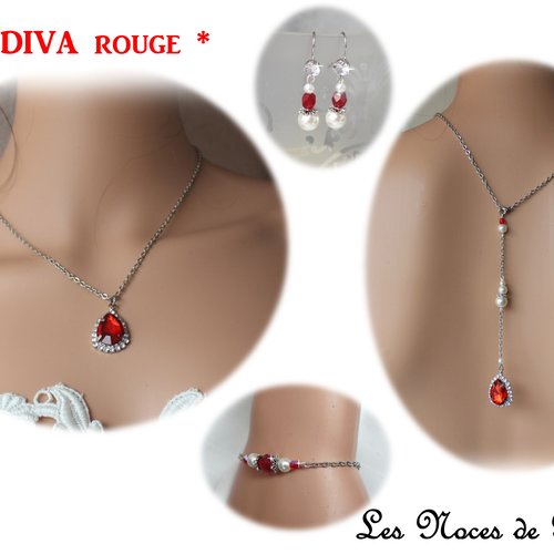 Parure de mariage rouge diva, collier de dos mariage, bijou de dos, strass