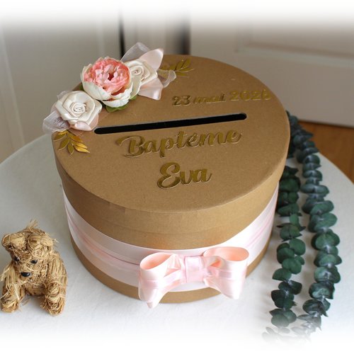 Urne de baptême rose à fleurs, baptême fille