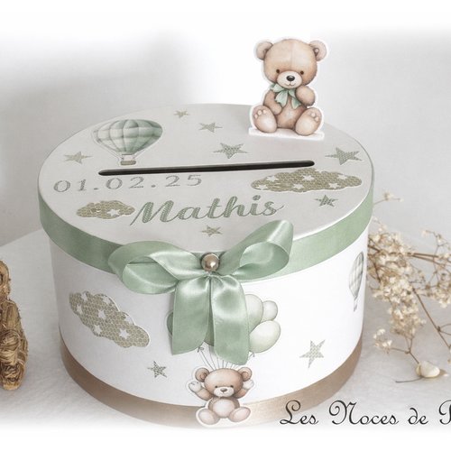Urne de baptême ourson et montgolfière vert et beige, baptême garçon