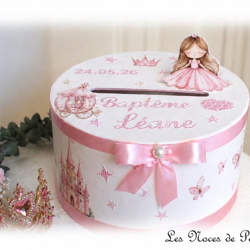 Urne de baptême princesse, urne rose fille personnalisée