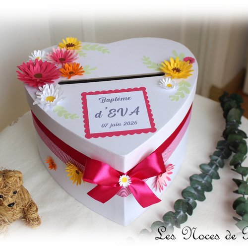 Urne de baptême personnalisée rose à fleurs – boîte à enveloppes baptême fille – déco