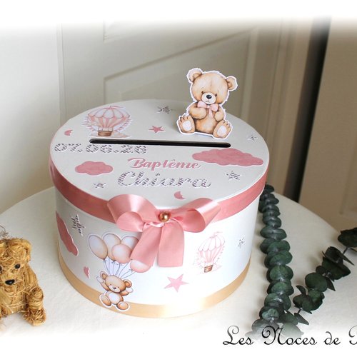 Urne de baptême ourson et montgolfière rose et beige, baptême fille