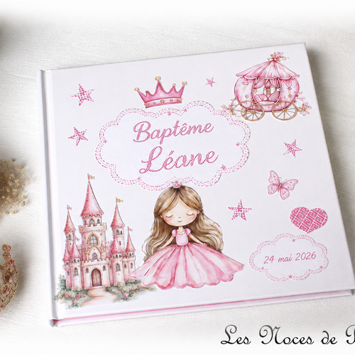 Livre d'or de baptême princesse, livre rose fille personnalisée