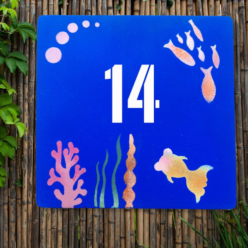 Numéro de maison personnalisé (13 x 13 cm), décor fonds sous-marins