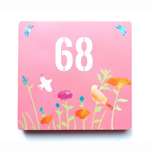 Numéro de maison personnalisé (13 x 13 cm), décor fleurs et oiseaux