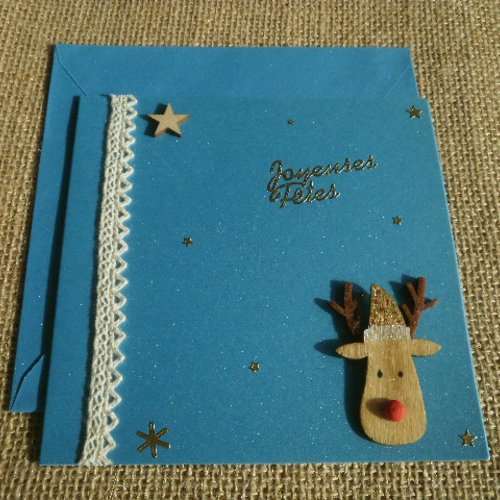 Carte carrée double  "joyeuses fêtes"  , coloris turquoise , décors étoile et petit renne en bois + enveloppe assortie