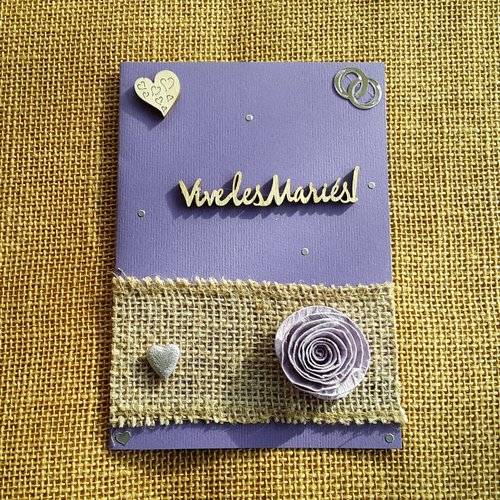 Carte rectangulaire double pour un mariage ,  coloris violet et anis , décors fleur et cœurs  + enveloppe
