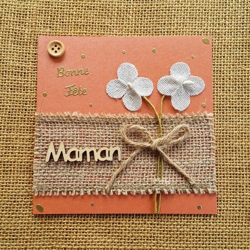 Carte carrée double  "bonne fête maman" , coloris orange  , décors fleurs + enveloppe assortie