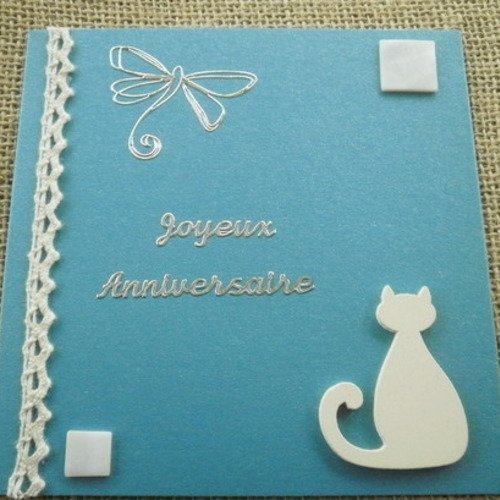 Carte anniversaire carrée double  couleur turquoise  , décors chat et papillon  + enveloppe assortie 
