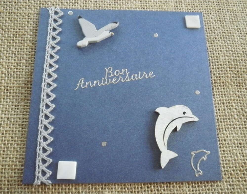 Carte Carree Double Joyeux Anniversaire Coloris Marine Decors Dauphin Et Mouette Enveloppe Assortie Un Grand Marche