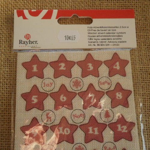 Plaque de 26 chiffres étoiles en bois , pour calendrier de l'avent , coloris rouge , taille 25 mm
