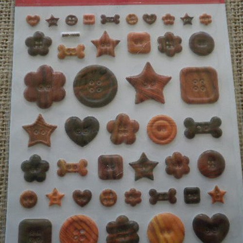 Planche de stickers en plastique   , thème "boutons " , modèles divers , coloris marron et orange
