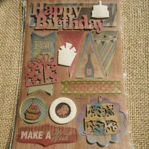 Planche de stickers en carton kraft  , thème "happy birthday" , modèles divers