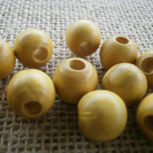 Lot de 15  perles rondes  en  bois , coloris jaune , diamètre 1,3 cm