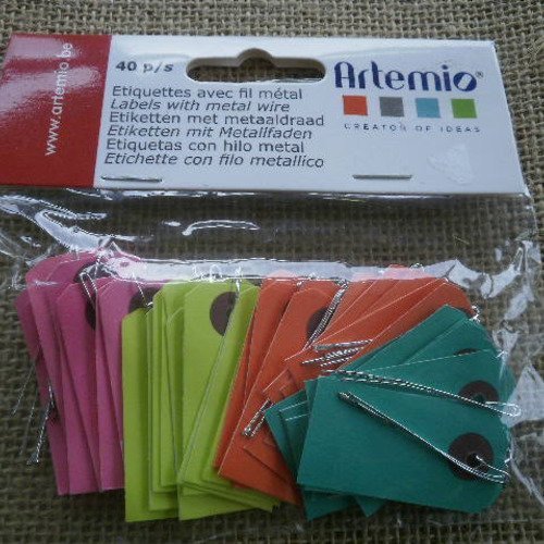 Sachet de 40 étiquettes tags   ,  coloris fuchsia , vert , anis et orange   , taille 4 / 2 cm