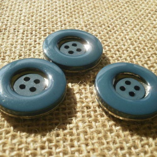 Lot de 3 boutons  ronds en plastique , coloris  bleu pétrole  et argent , diamètre  26 mm