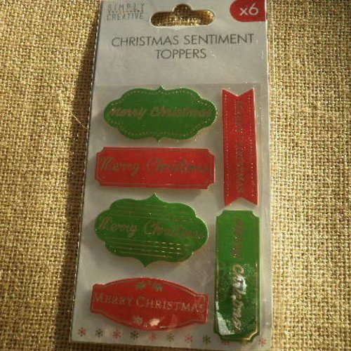 Planche de 6 stickers en carton  , "merry christmas"  , coloris rouge et vert , tailles diverses