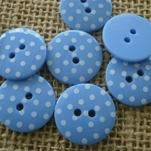 Boutons ronds x 2 en plastique à deux trous , coloris bleu à pois blancs , diamètre 18 mm 