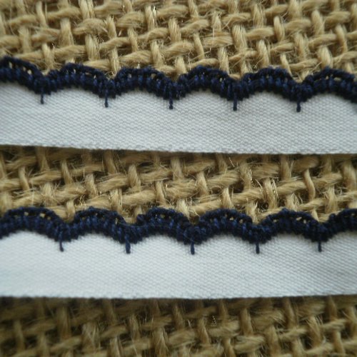 Dentelle de bordure en coton , coloris blanc , bordure brodée bleu marine , largeur 9 mm 