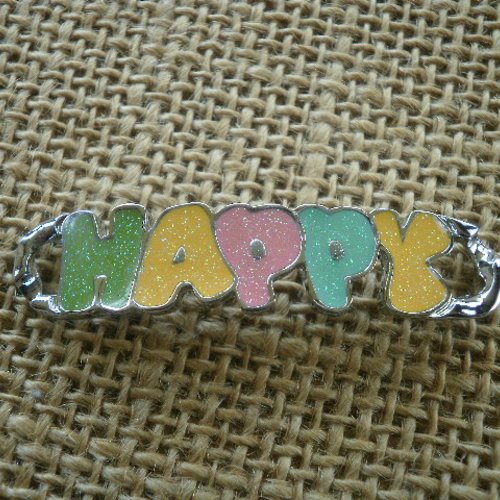 Connecteur "happy"  pour bijoux en métal argenté  , coloris vert , jaune et rose , taille 5,3 x 1,2 cm 
