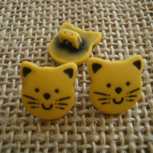 Lot de 3 boutons  en forme de tête de chat , coloris jaune vif et noir  , taille  14 mm