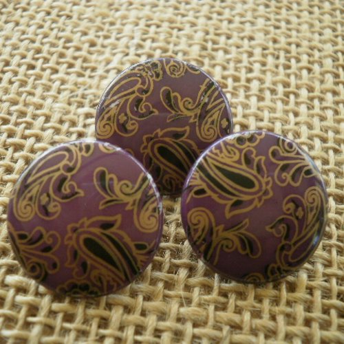 Boutons ronds x 3 , coloris  violet , motifs cachemire noir et doré , diamètre 20 mm