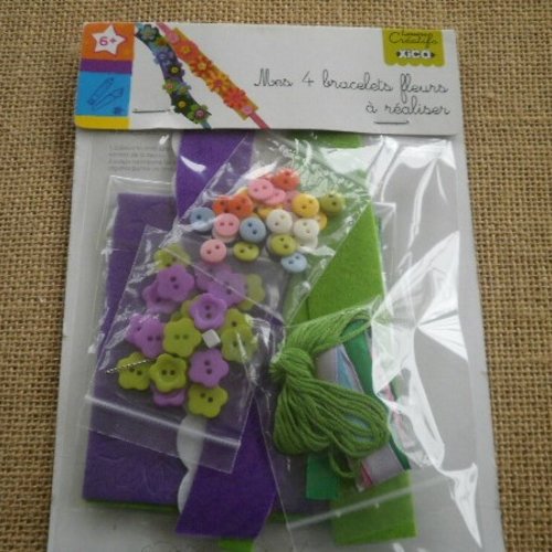 Kit pour réaliser 4 bracelets fleurs en feutrine , coloris vert , violet