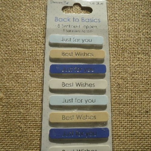 Planche de 8 stickers "messages divers" en carton  ,  coloris bleu , beige et blanc , taille 6 x 1 cm