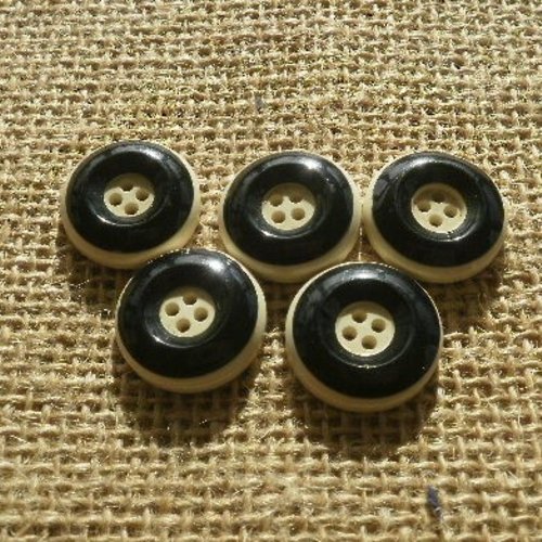 Lot de 5 boutons ronds en plastique , coloris écru et noir , diamètre  19 mm 