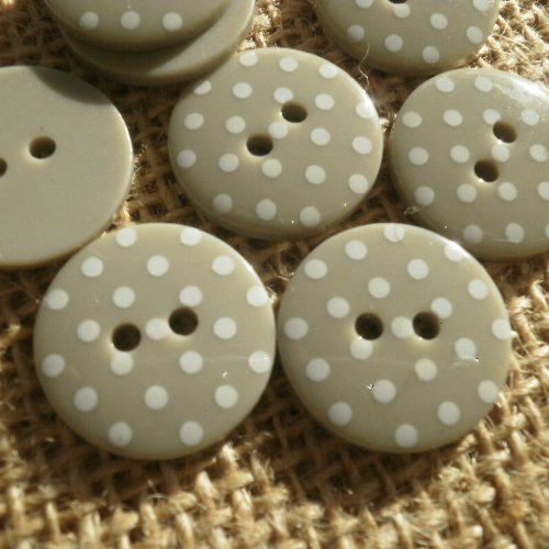Boutons ronds x 2 en plastique à deux trous , coloris gris à pois blancs , diamètre 18 mm 