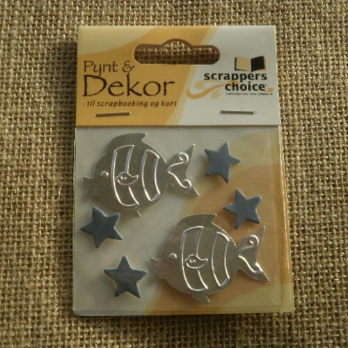 Lot de 6 stickers poissons et étoiles en métal et carton , coloris argent et gris  